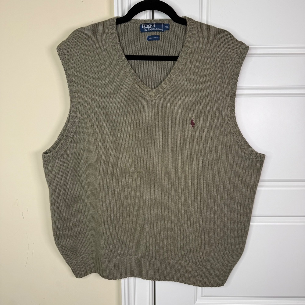 Vintage Polo Ralph Lauren Sweater Vest Men XL Olive Green Cotton Knit V-Neck